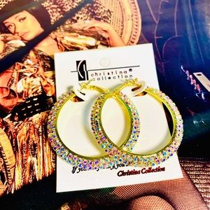 Gold Crystal AB Hoop Earrings 2.5